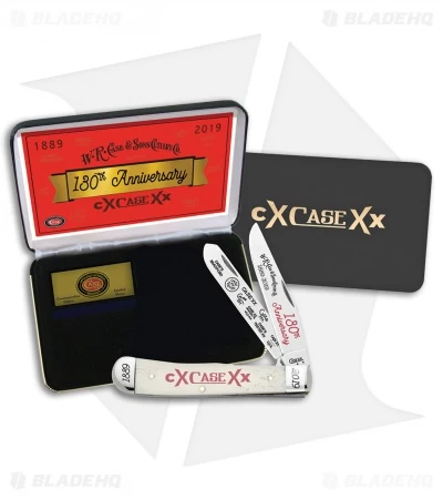 Case Cutlery 130th Anniversary Trapper Knife 4.13" White Bone Engraved Blades 3 Case Cutlery 130th Anniversary Trapper Knife 4.13" White Bone Engraved Blades